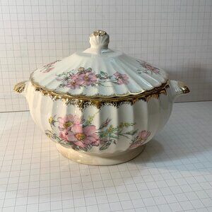 American Limoges Covered Dish Wild Rose 22K Gold Trim Vegetable Tureen 1930s VTG